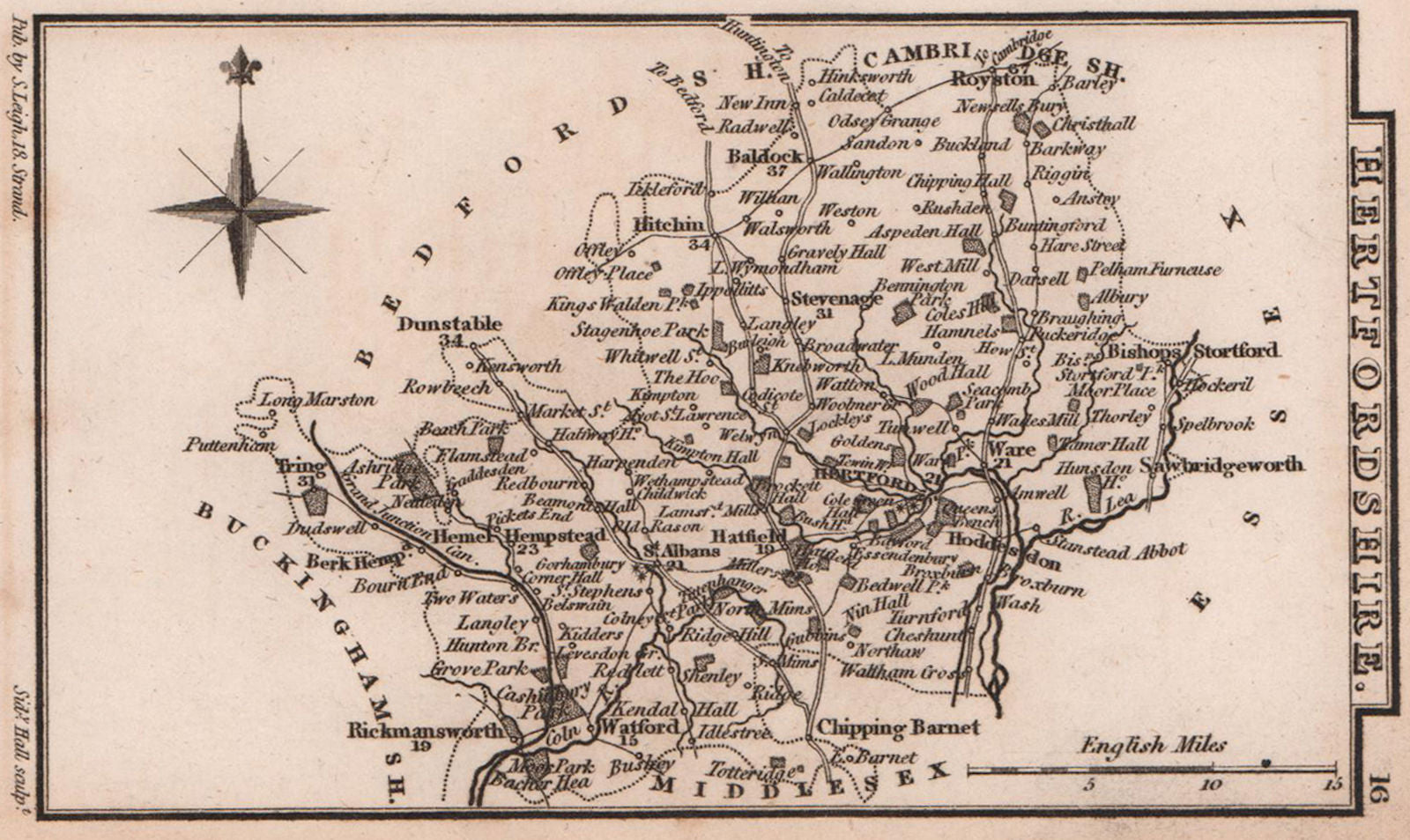 Hertfordshire miniature county map by Samuel Leigh / Sidney Hall c1820 old